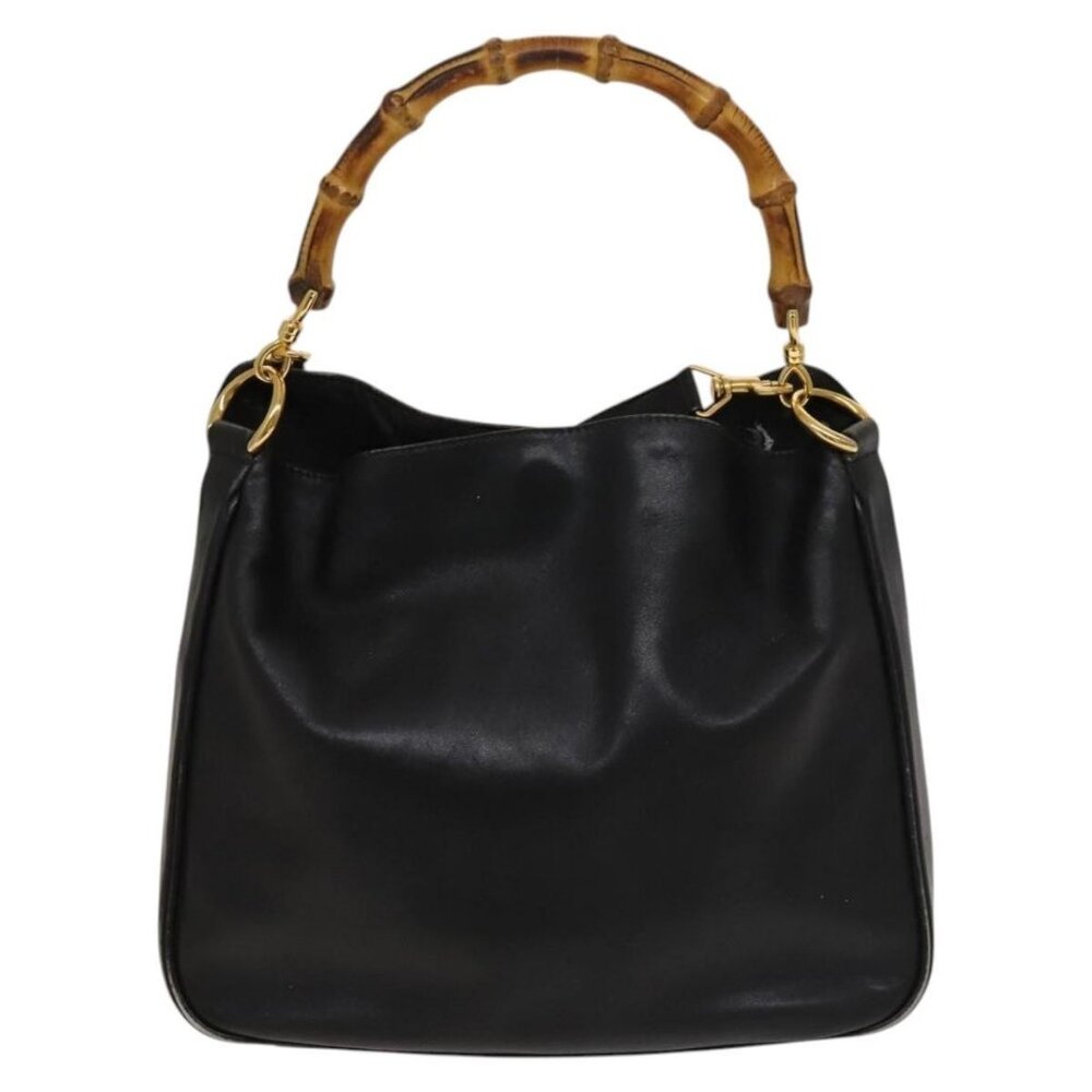 GUCCI Bamboo Hand Bag Leather 2way Black Gold - Picture 3 of 16